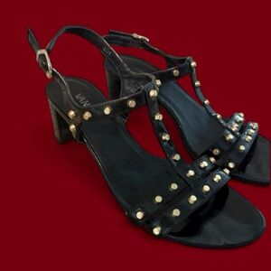 Patent Black Sandals with Gold Studs - Size 8-1/2